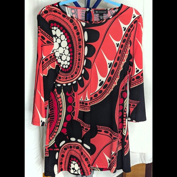 INC International Concepts Tops - Superb INC Sz L Red-Orange, Black & Taupe Magnified Paisley Print Stretch Blouse